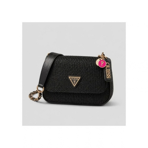 Guess Raffia Mini Flap Crossbody Bag Black