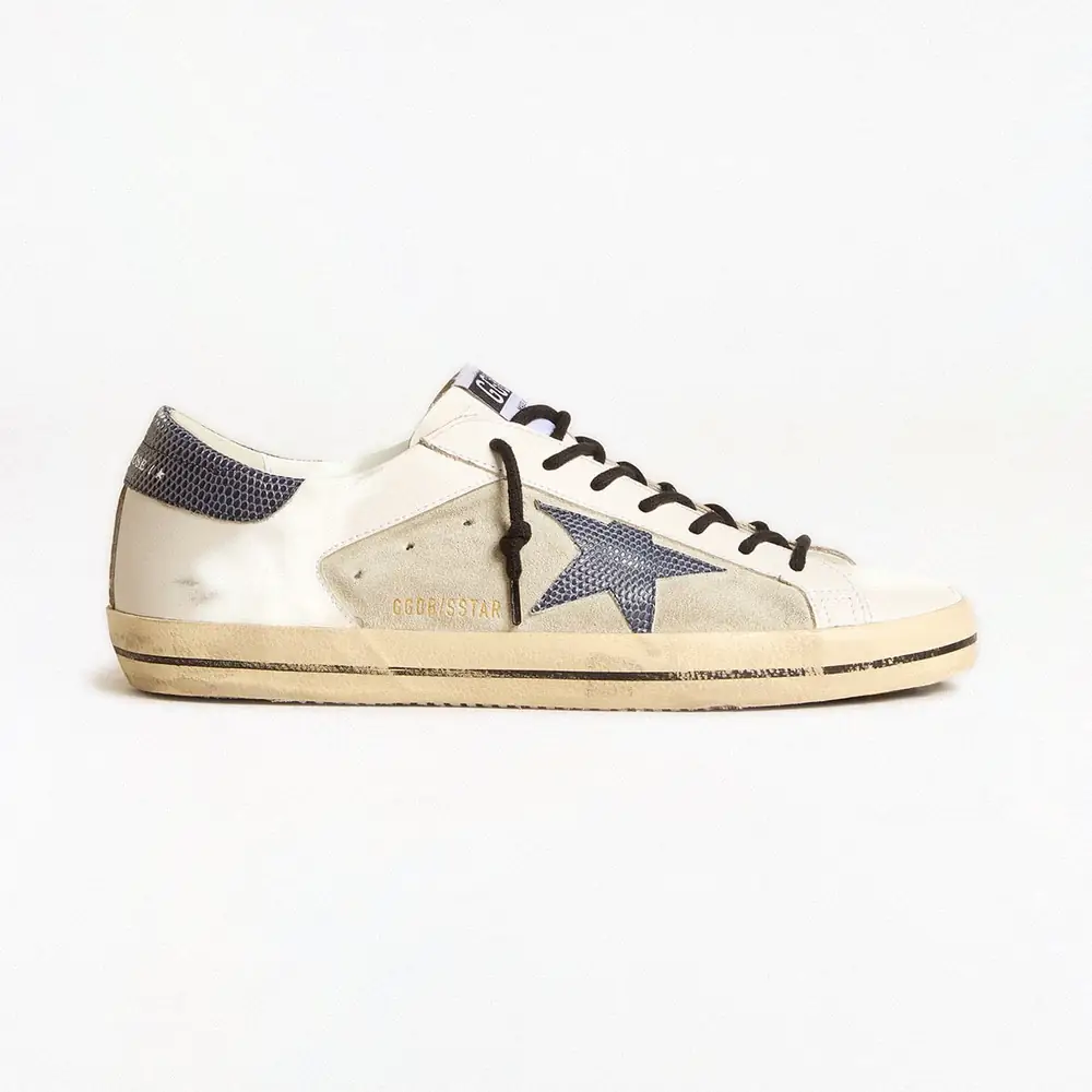 Golden Goose Super-Star in White Leather & Ice-Gray Suede with Blue Lizard-Print Star & Heel Tab