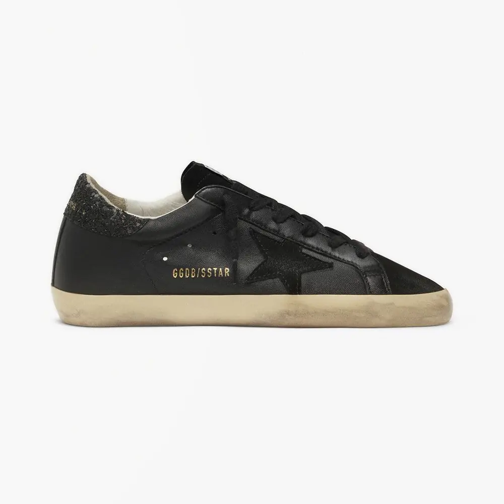 Golden Goose Women's Super-Star in Black Nappa with Black Star & Glitter Heel Tab