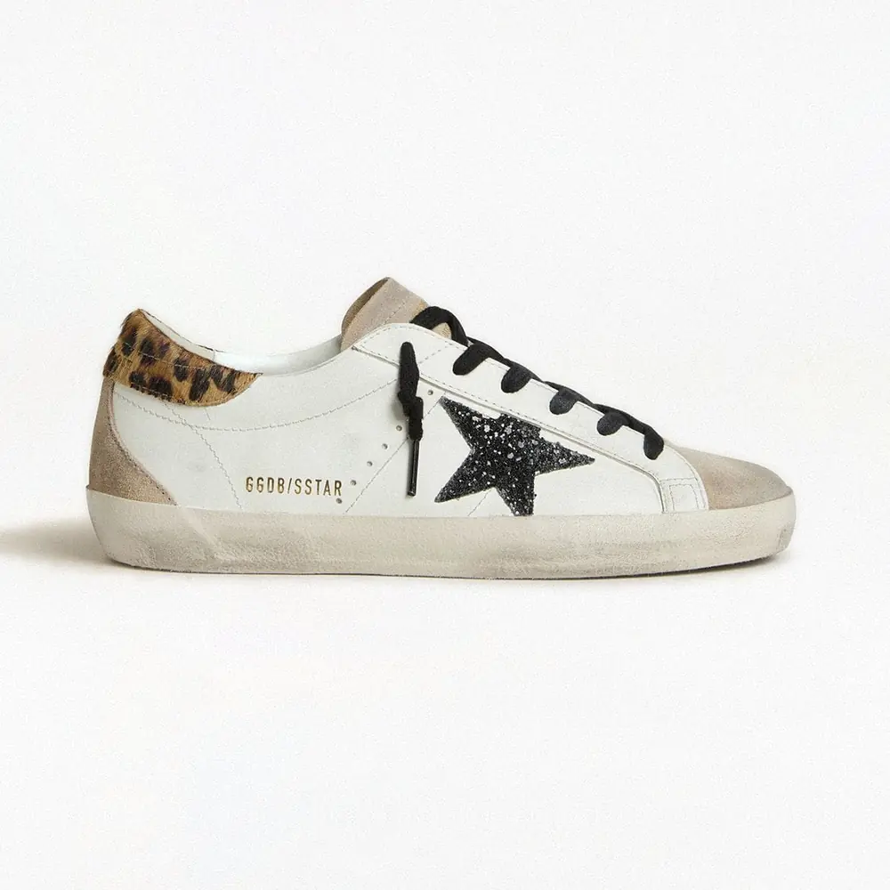 Golden Goose Super-Star with Black Glitter Star & Leopard-Print Heel Tab