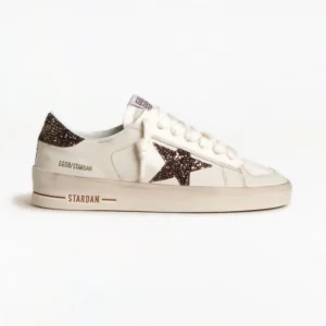 Golden Goose Women's Stardan in White Leather with Brown Glitter Star & Heel Tab