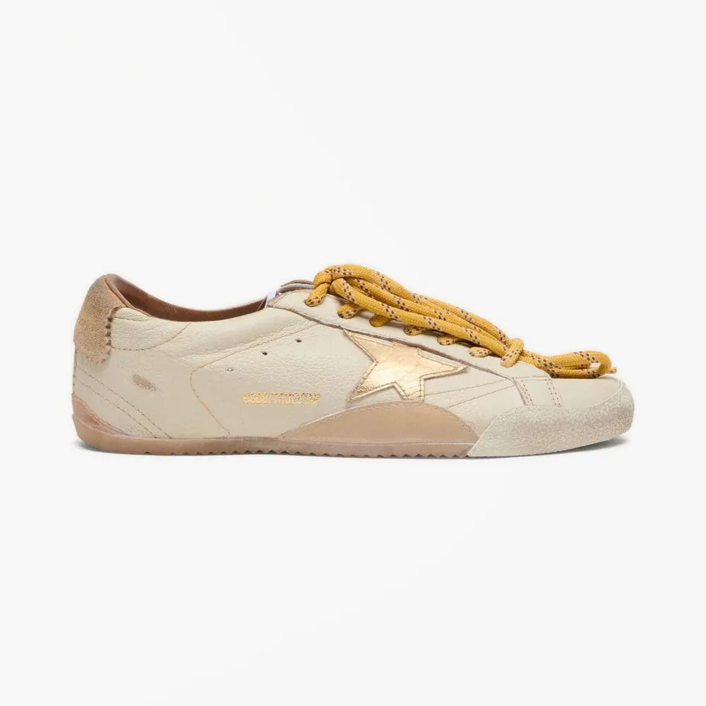 Golden Goose Women's True-Star in White Nappa with Gold Star & Beige Suede Heel Tab